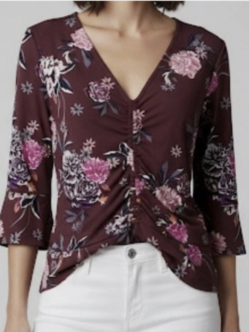Candie's Burgundy Floral V-Neck Ruched Long Sleeve Top